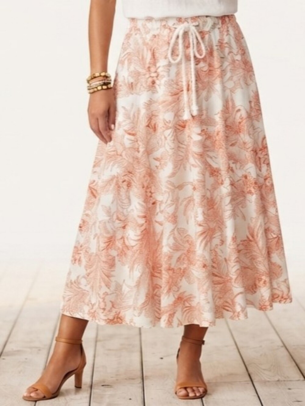 Sz S Rayon Linen Cream Skirt with Coral Floral Print